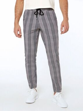 Men Plaid Print Drawstring Waist Pants Tapered Long Slacks
